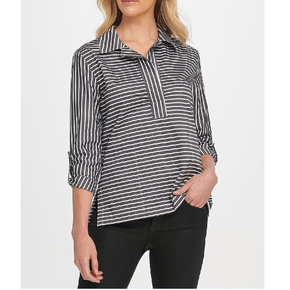 Dkny Cotton Striped Roll-Tab Top